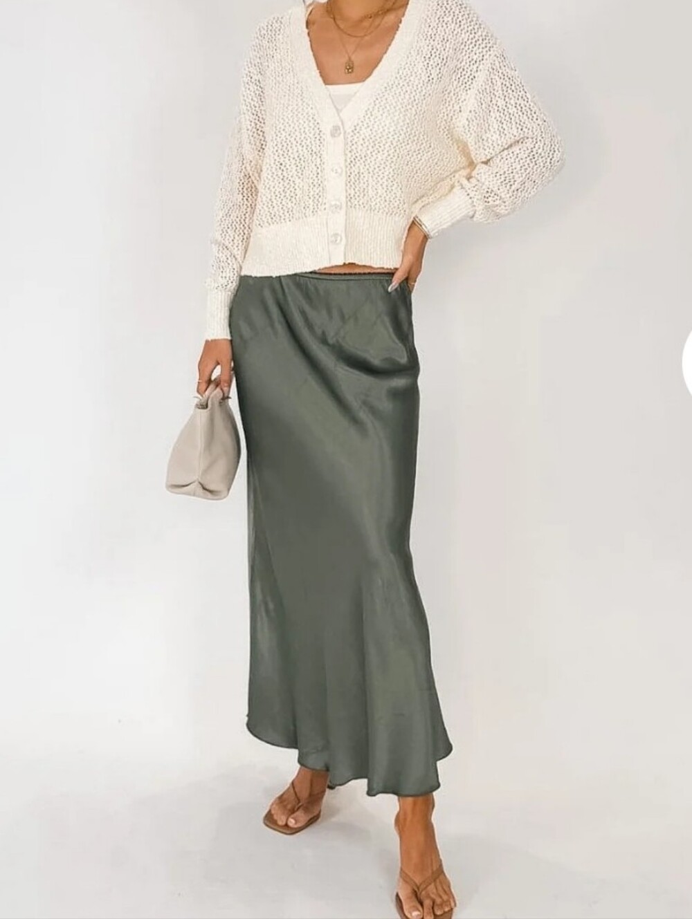 Milio Milano SOLID ELASTIC LACE TRIM WAIST SILKY VISCOSE MAXI SKIRT Olive